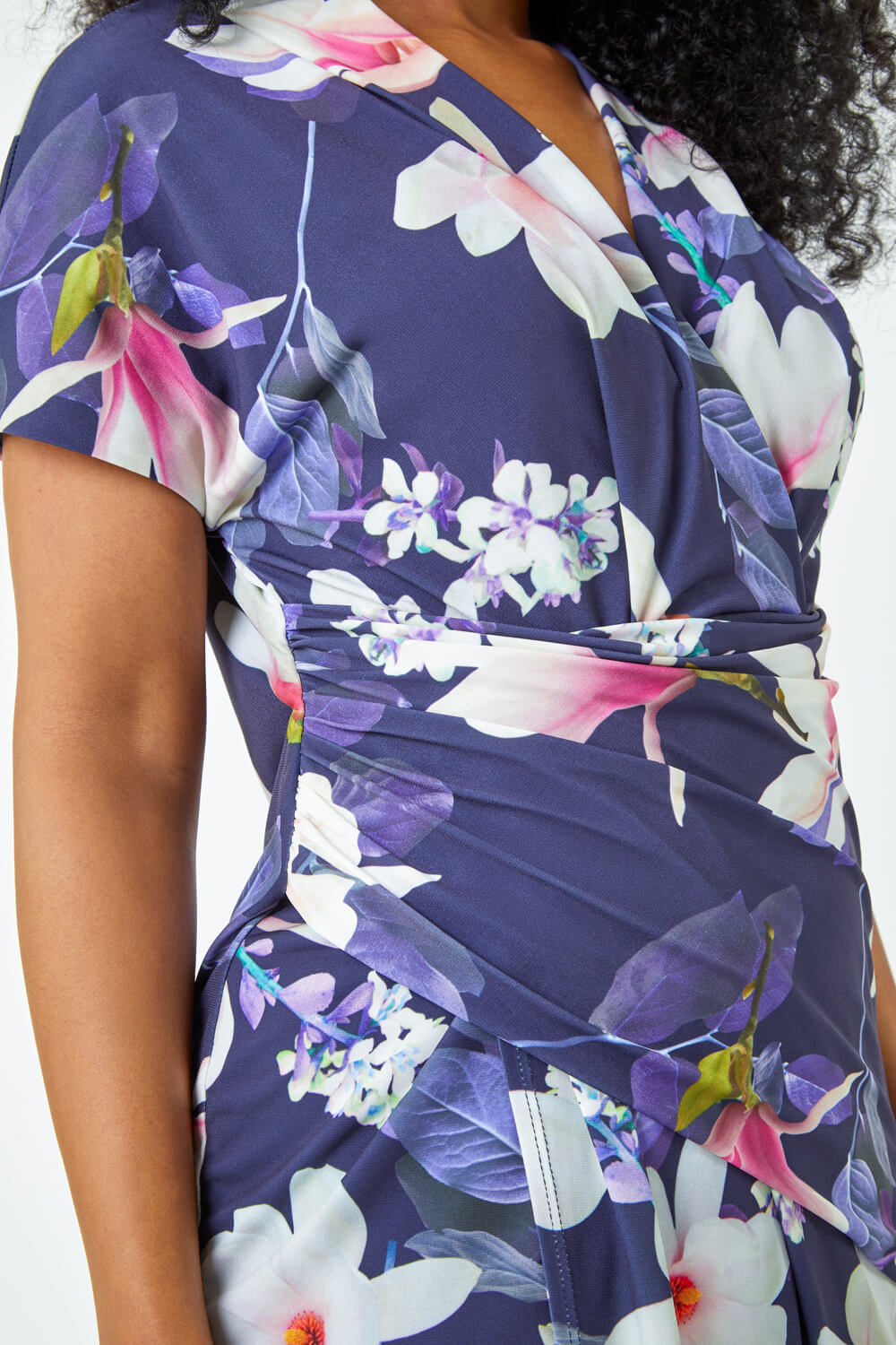 Navy  Petite Ruched Floral Wrap Dress, Image 5 of 5