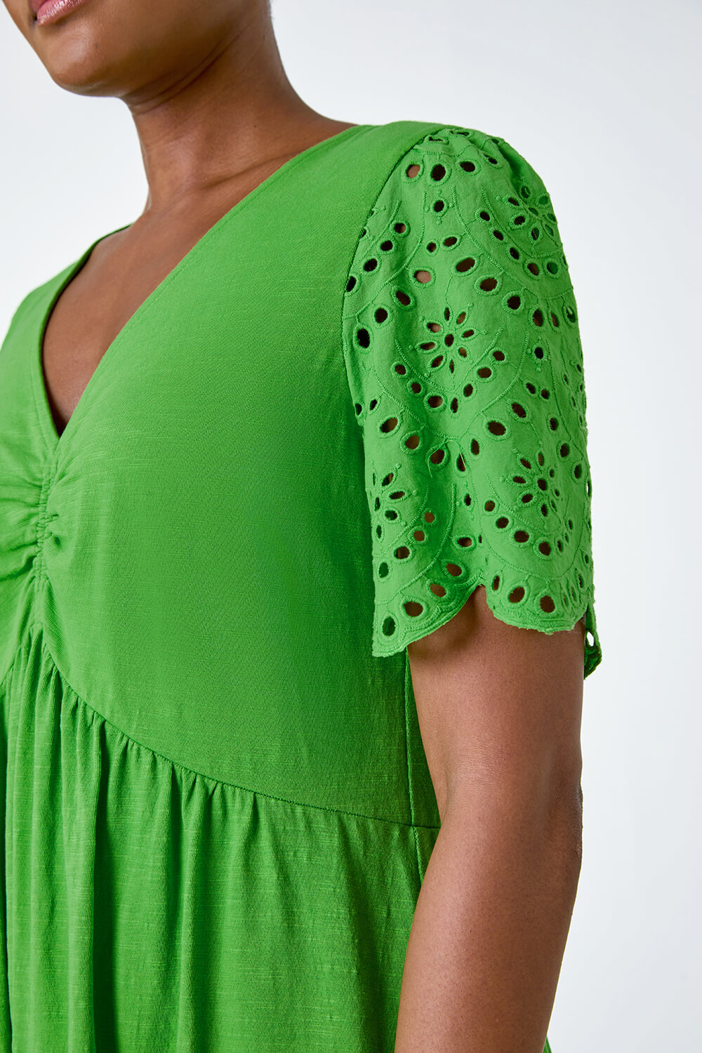 Green Cotton Broderie Sleeve Midi Dress, Image 5 of 5
