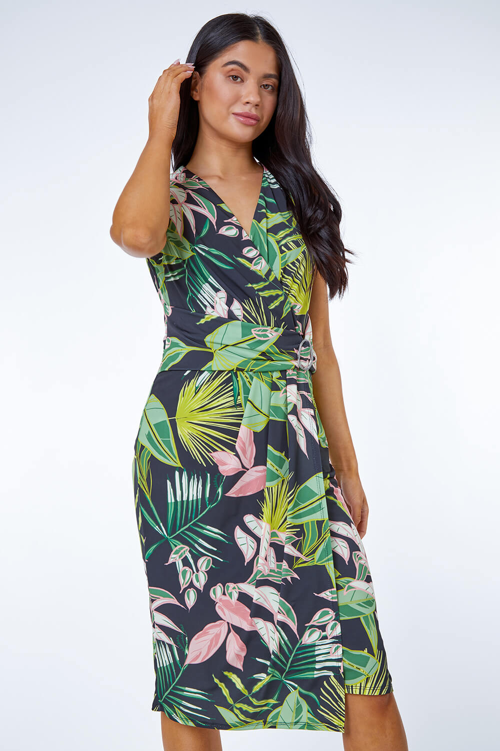 Petite Side Buckle Floral Ruched Midi Dress