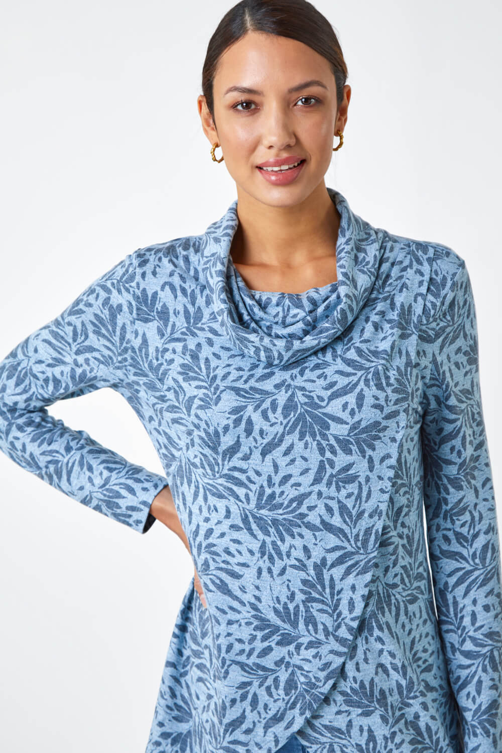 Blue Floral Print Cowl Neck Stretch Top , Image 4 of 5