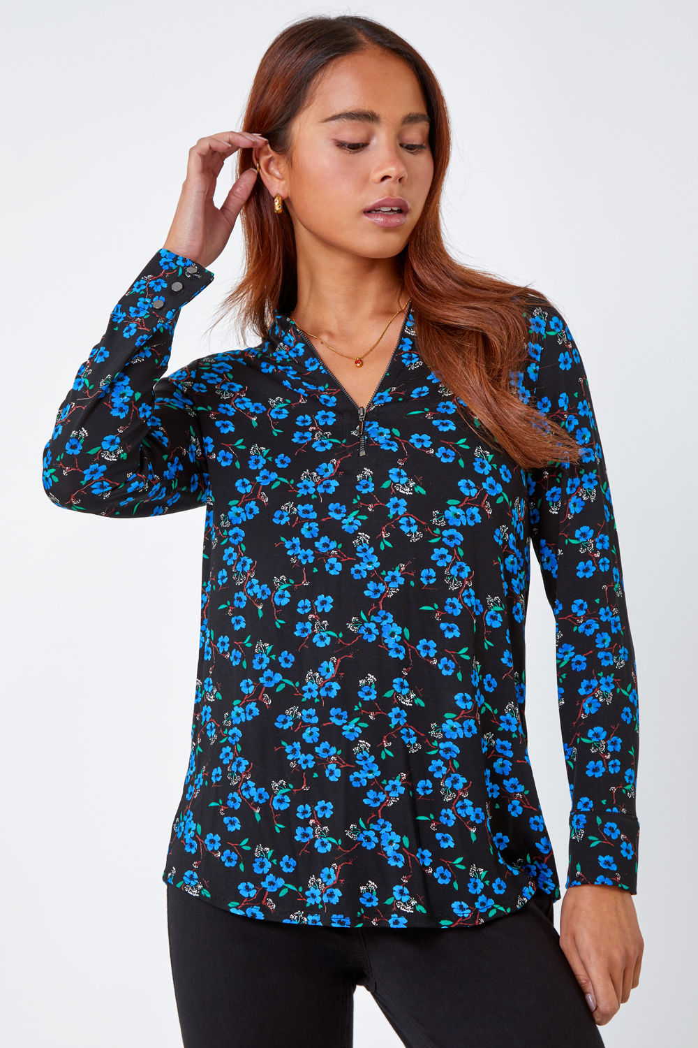Blue Petite Floral Zip Detail Stretch Top, Image 2 of 5