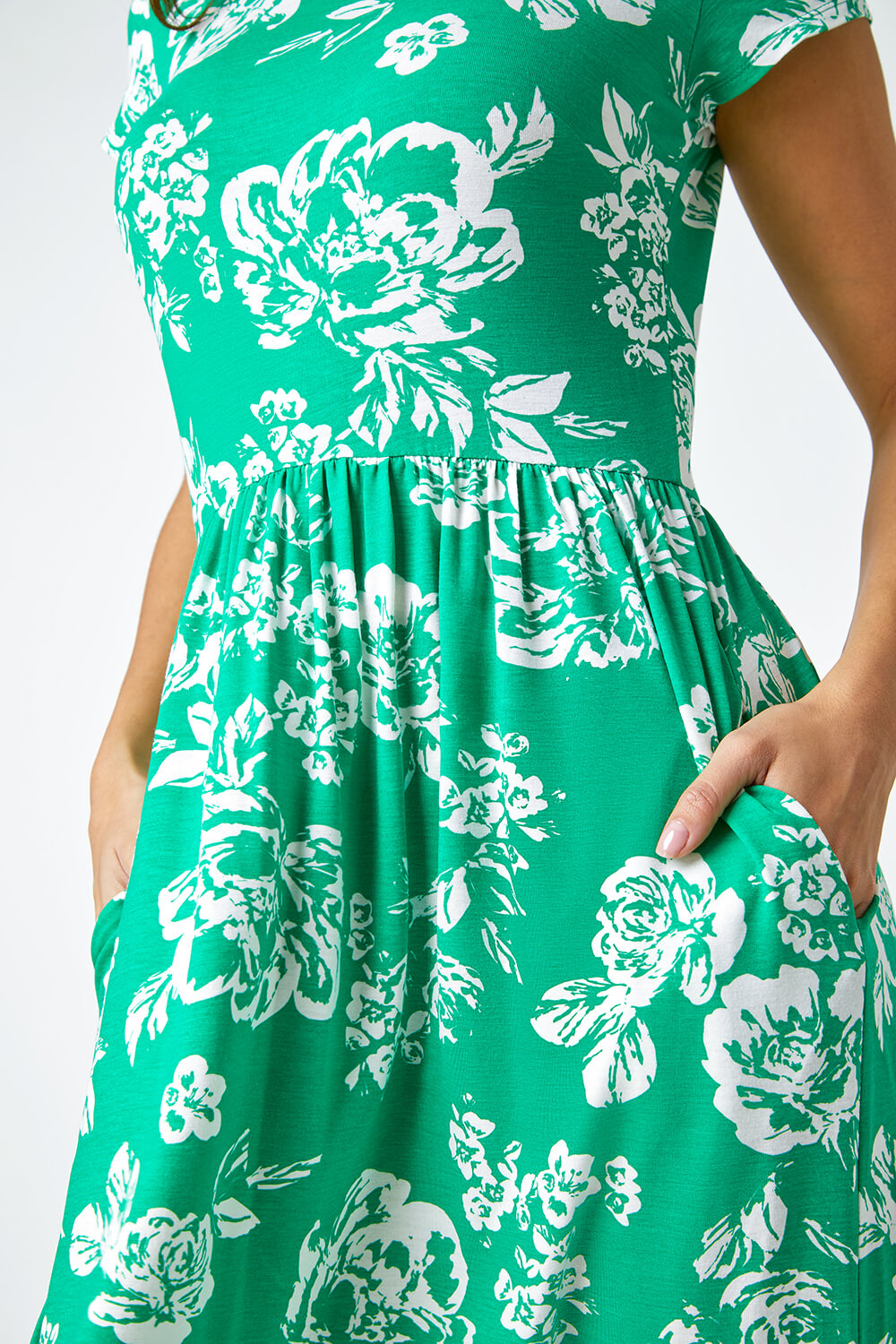 Green Floral Print Midi Stretch Dress, Image 5 of 5