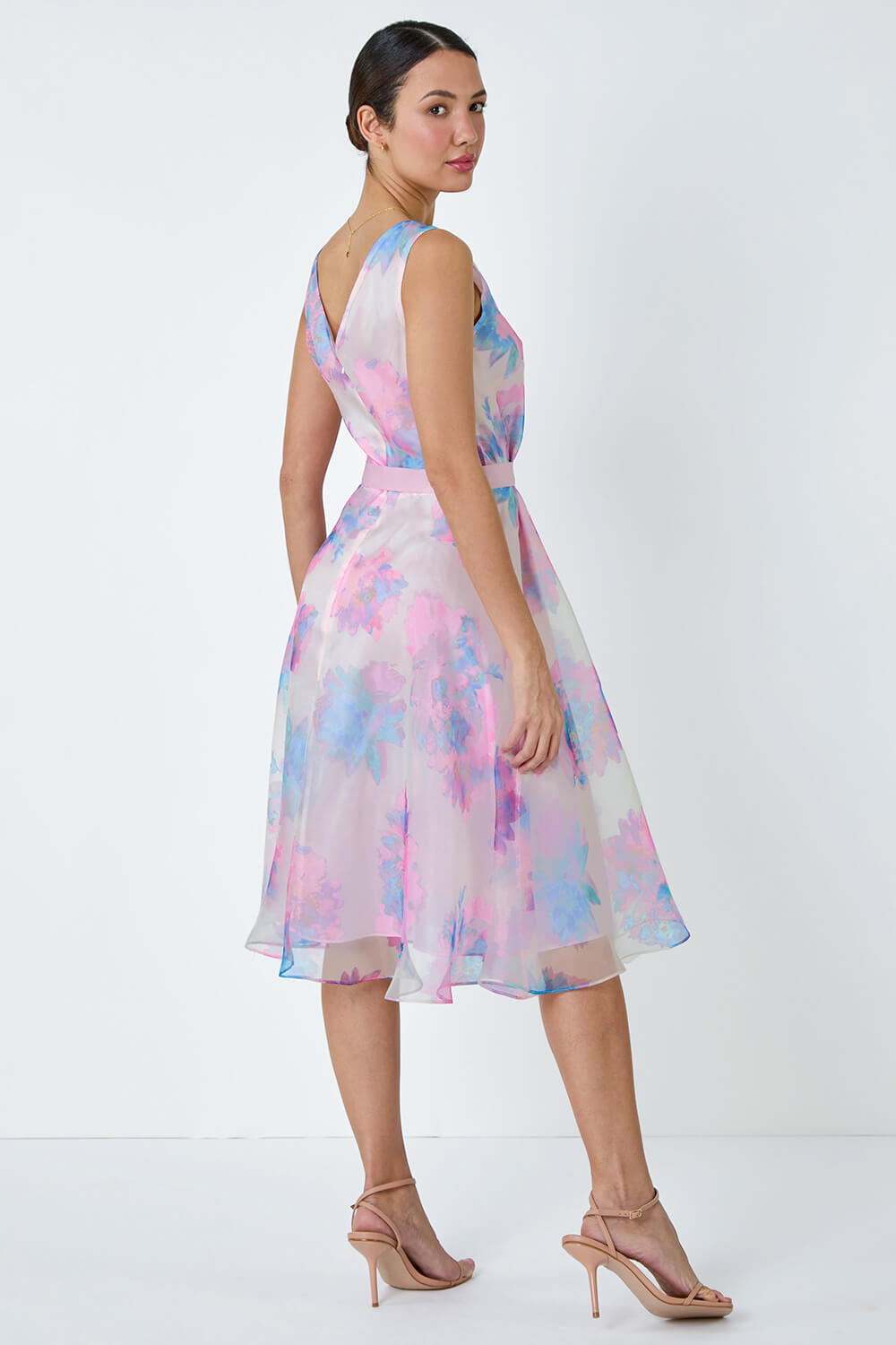 Light Pink Floral Print Organza Fit & Flare Dress, Image 3 of 5