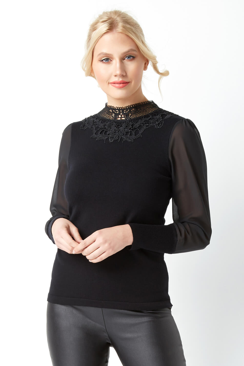 Lace Neck Bow Back Chiffon Sleeve Jumper