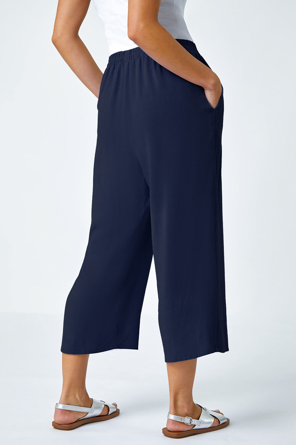 Navy  Petite Linen Mix Wide Cropped Trousers, Image 3 of 5