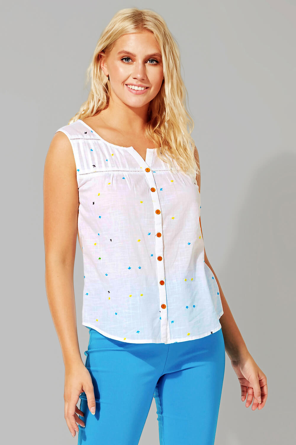 Embroidered Sleeveless Button Blouse