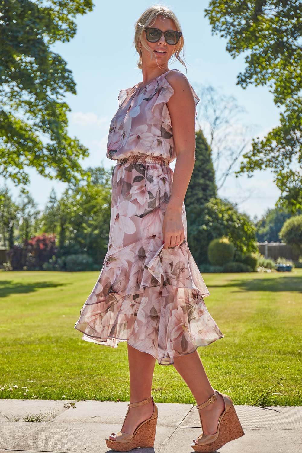 Light Pink Floral Frill Fit and Flare Midi Dress, Image 3 of 4