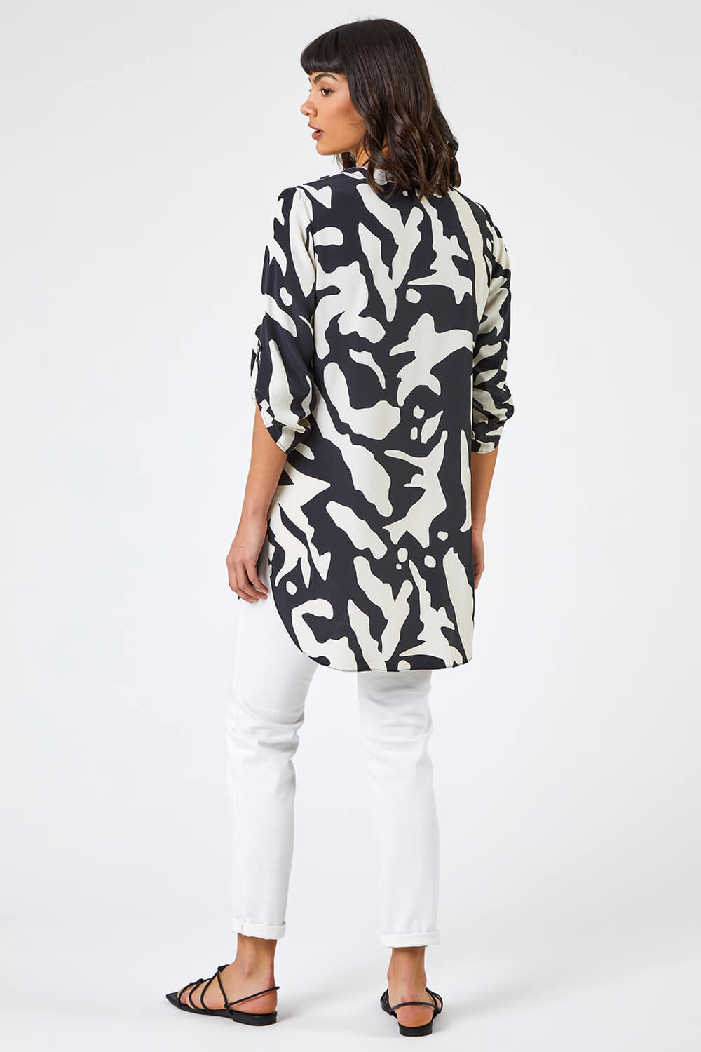 Black Abstract Print 3/4 Sleeve Longline Top, Image 2 of 5