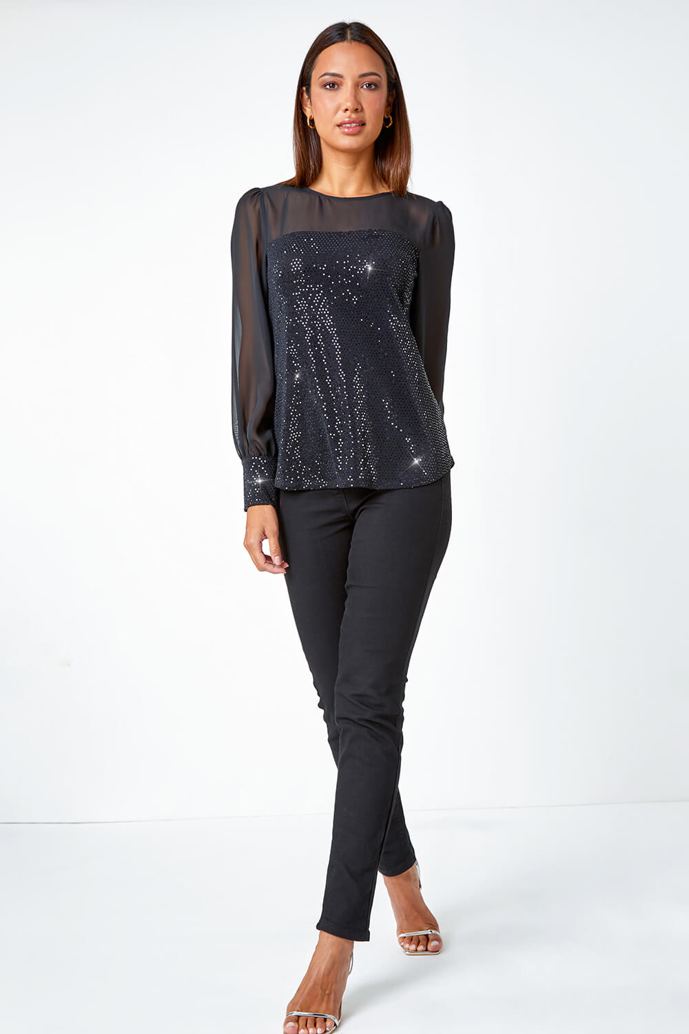 Black Sequin Chiffon Sleeve Stretch Top, Image 2 of 5