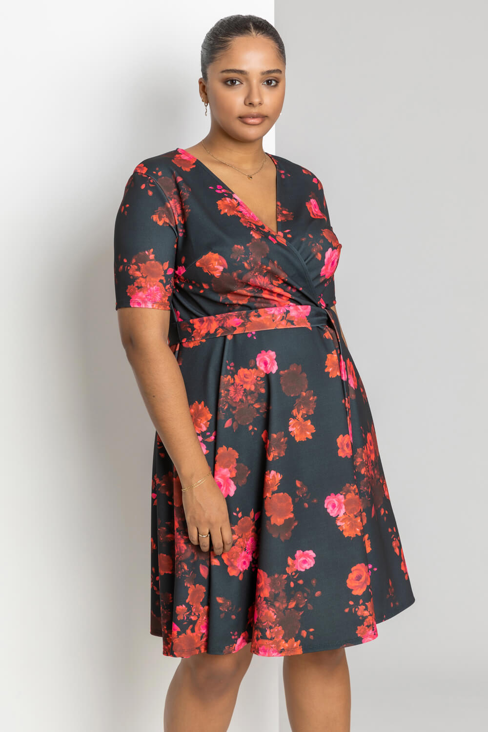 Red Curve Floral Print Wrap Dress, Image 1 of 4