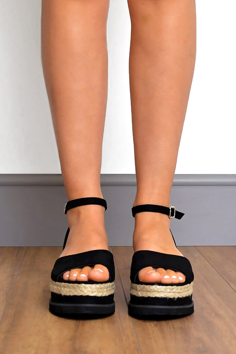 Black Faux Suede Flatform Espadrille Sandals, Image 2 of 4