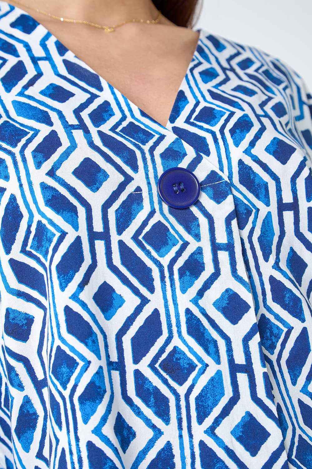 Blue Geometric Pleated Button Detail Top, Image 5 of 5