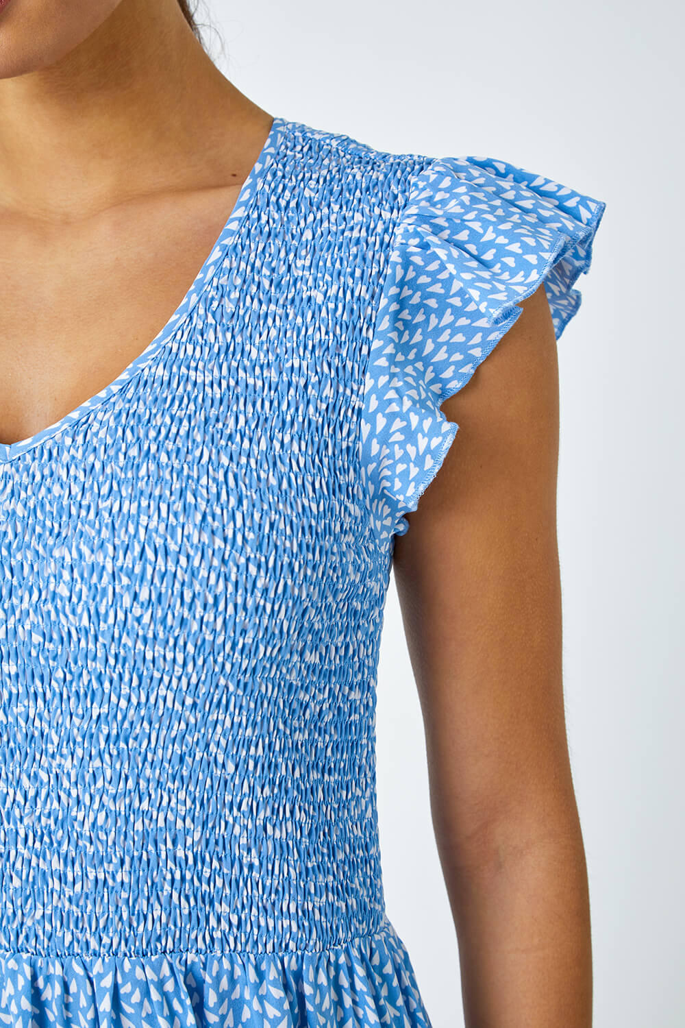 Light Blue  Ditsy Print Shirred Midi Dress, Image 5 of 7