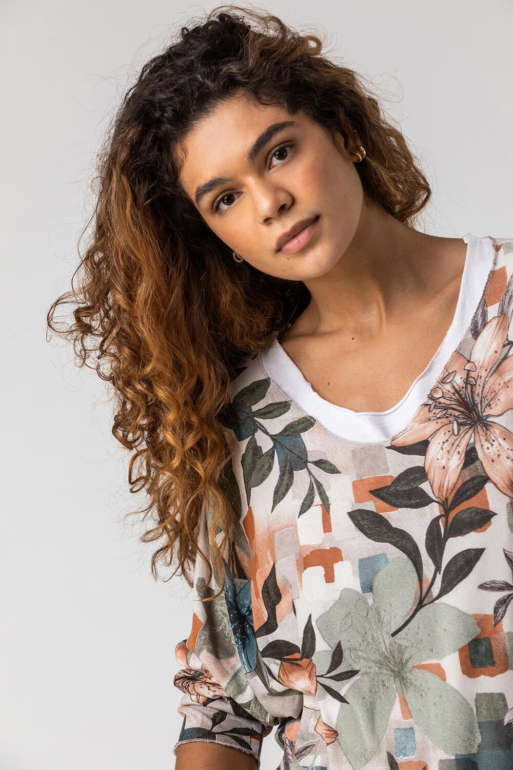 Neutral Floral Print Double Layer Top, Image 4 of 4
