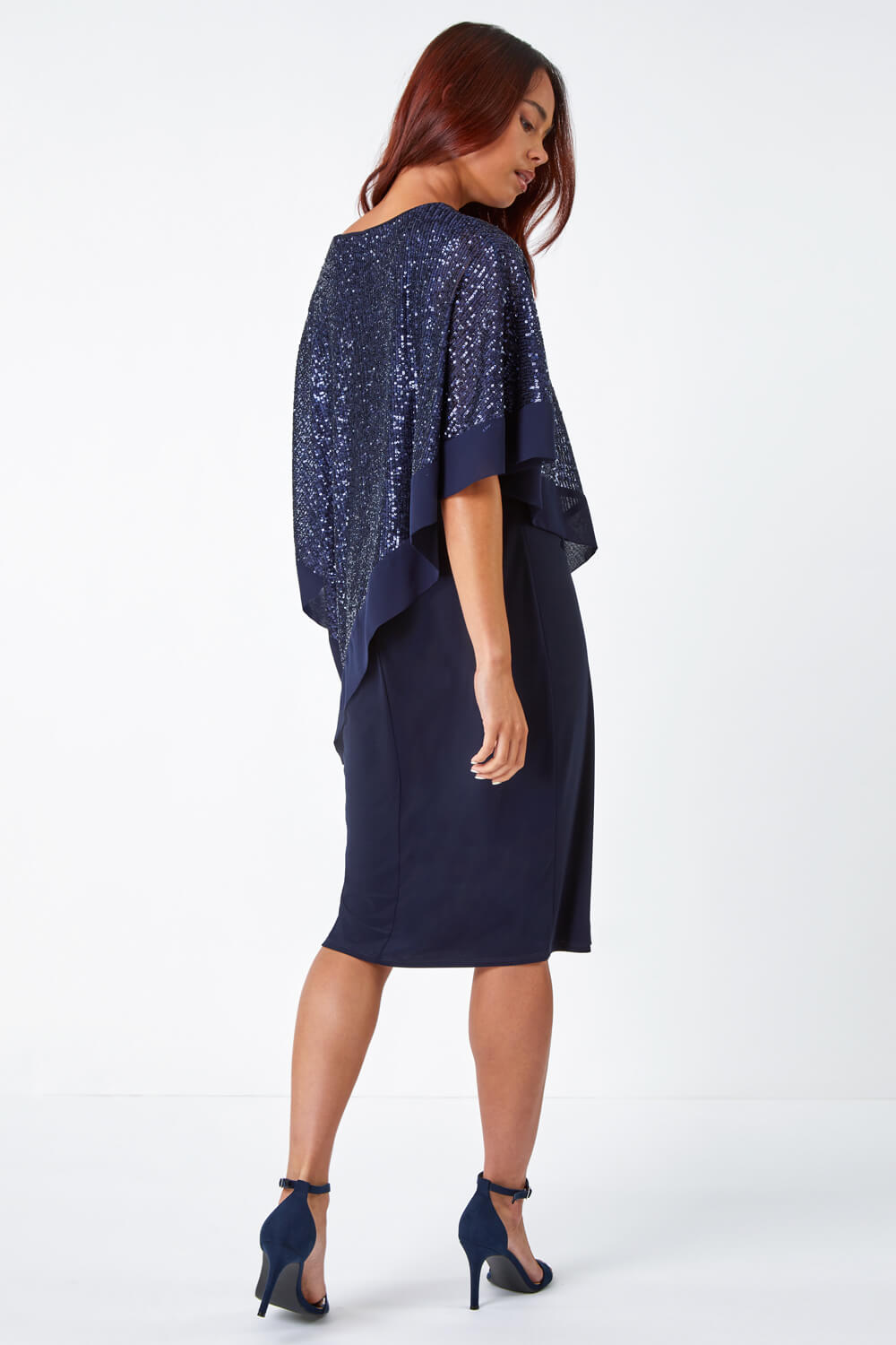 Navy  Petite Sequin Overlay Stretch Dress, Image 3 of 5