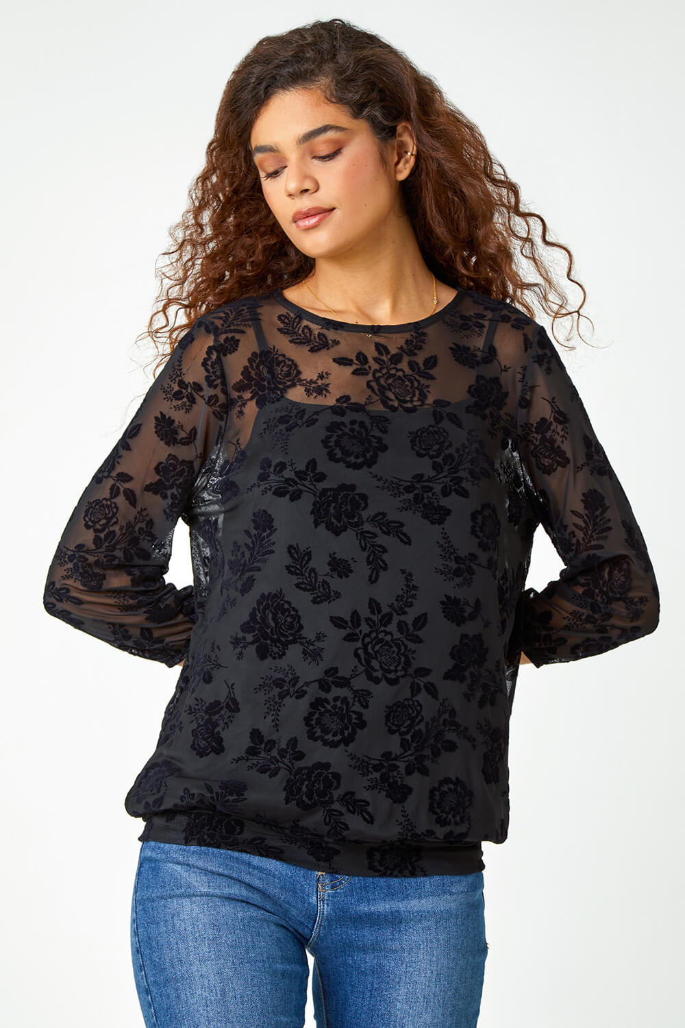 Textured Floral Print Mesh Stretch Top
