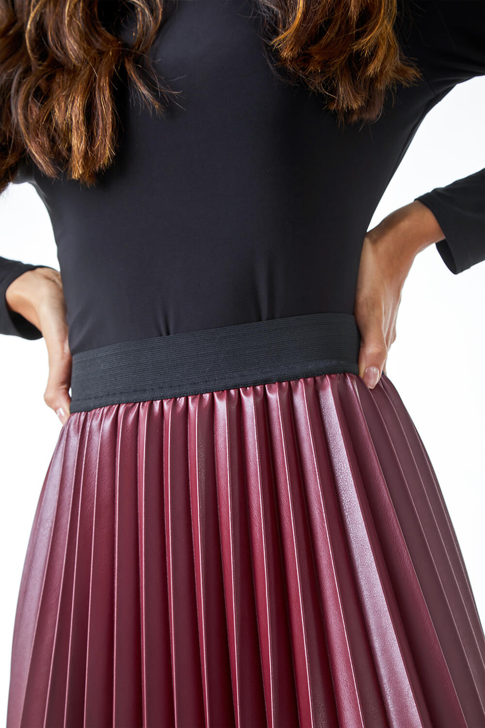 Red Faux Leather Pleated Maxi Skirt, Image 3 of 5