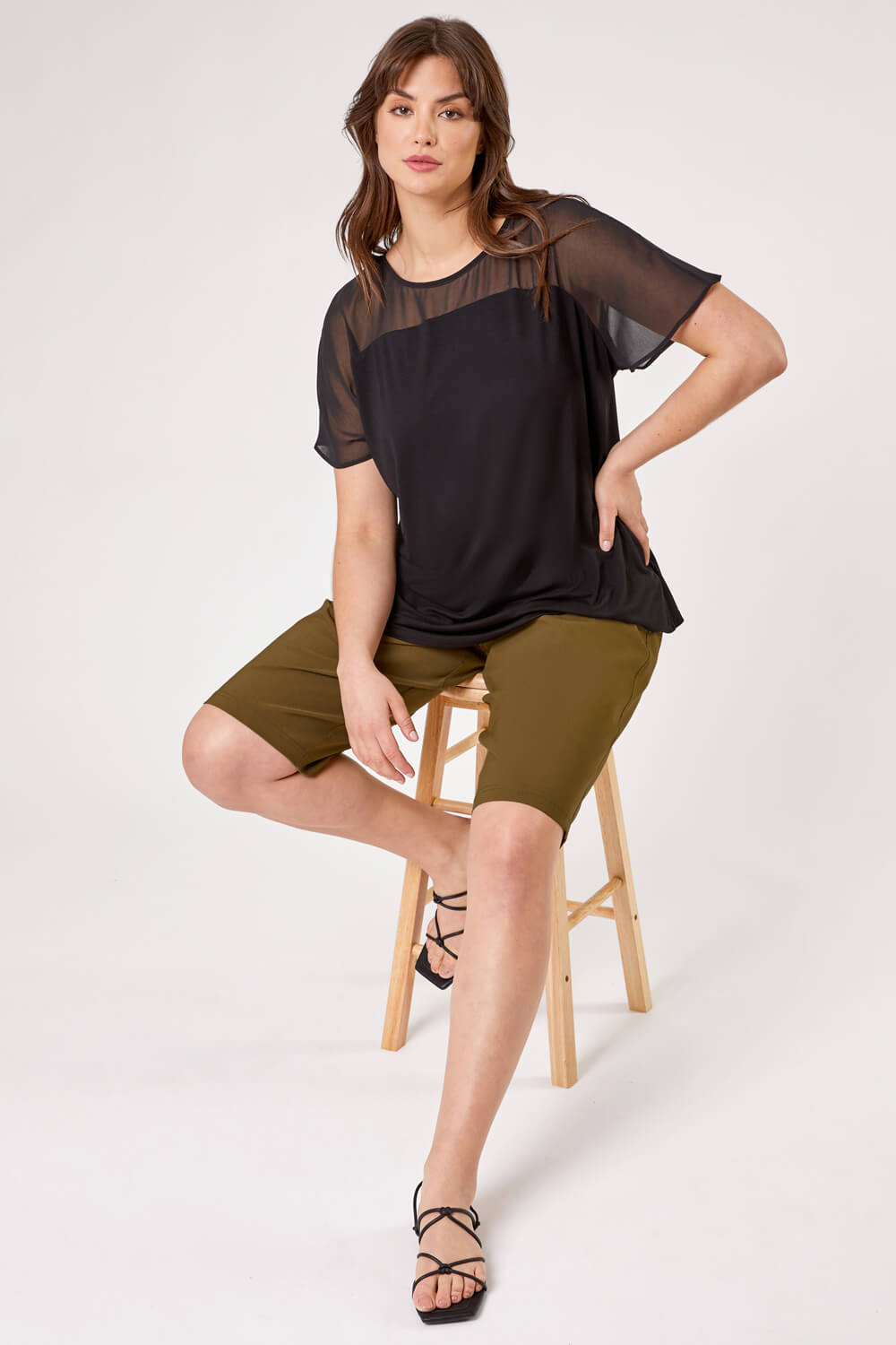 Olive Curve Knee Length Stretch Shorts, Image 3 of 4