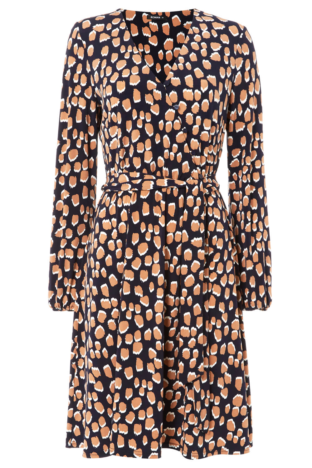 Navy  Abstract Print Fit and Flare Wrap Dress, Image 5 of 5