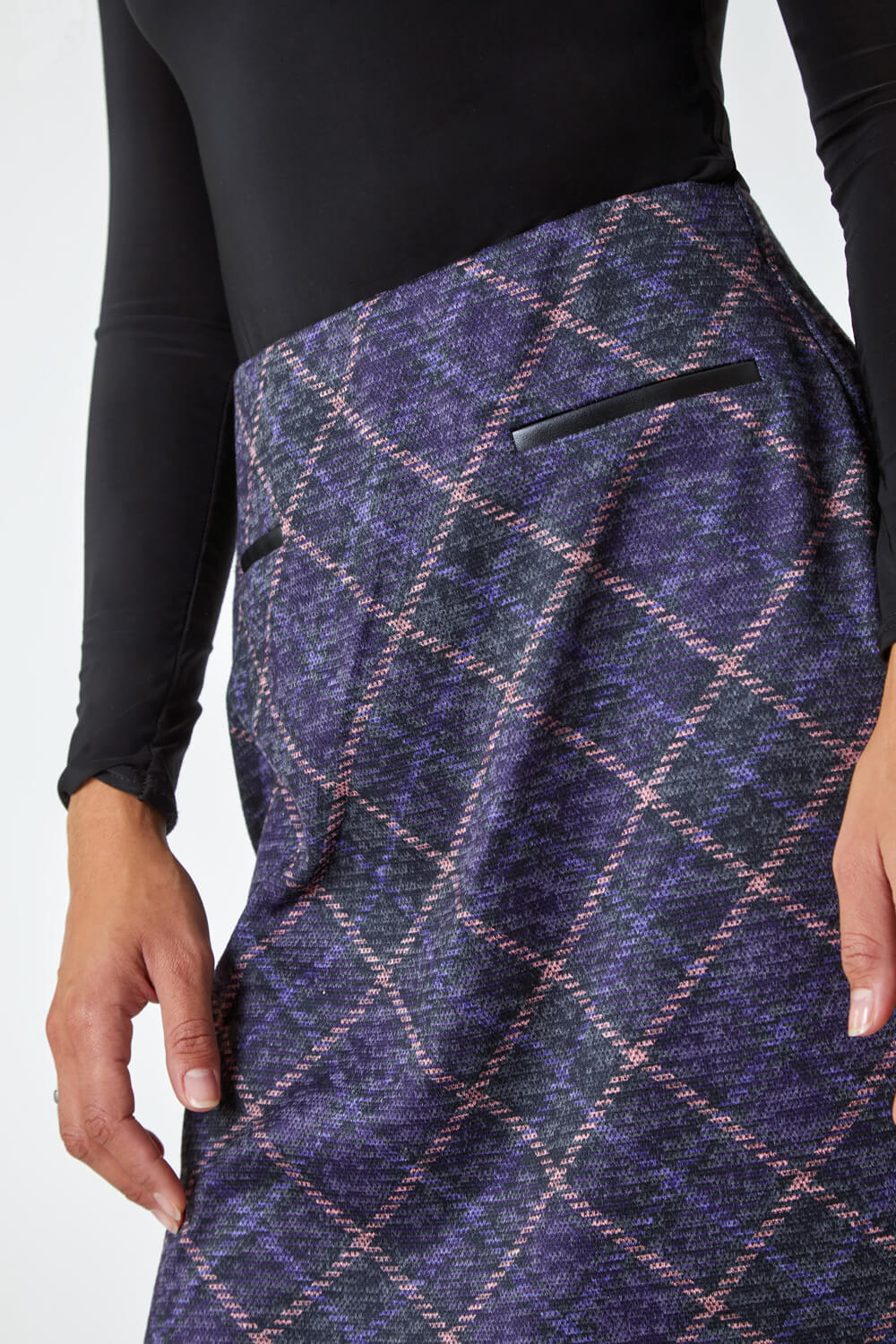 Purple Check Print Pocket Stretch Skirt, Image 5 of 5