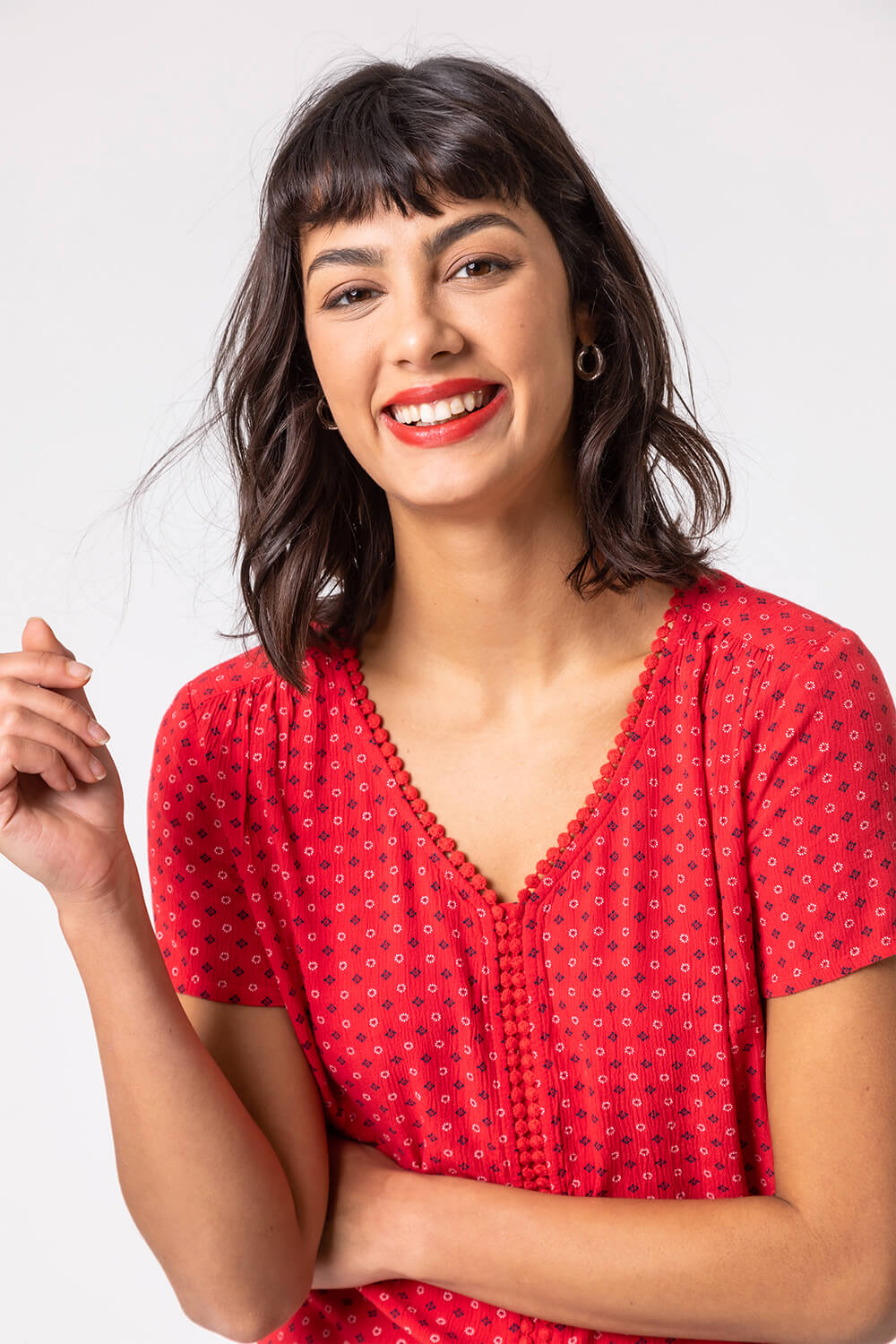 Ditsy Embroidered Trim Detail Top in Red - Roman Originals UK