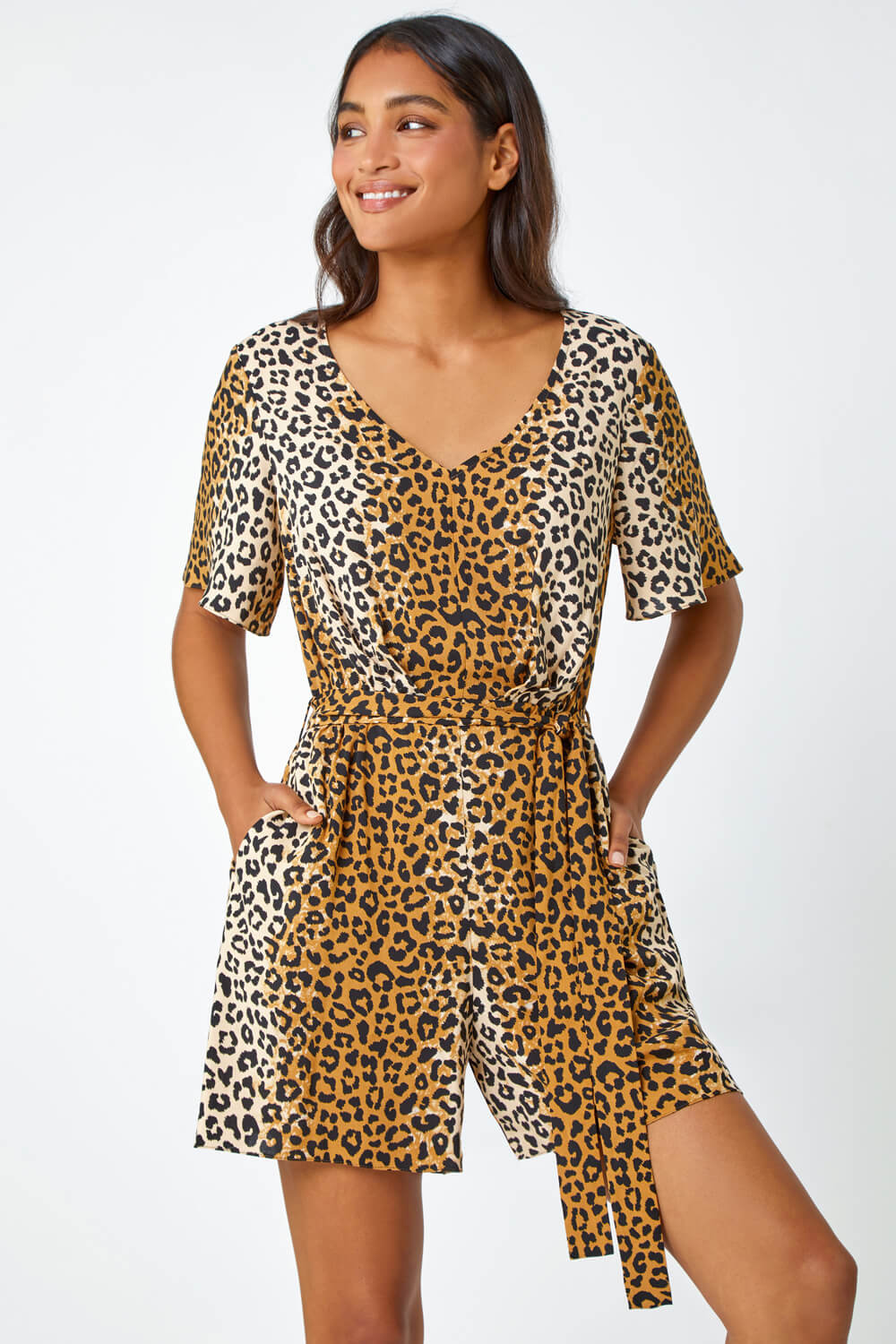Camel  Animal Print Belted Playsuit, Image 3 of 6