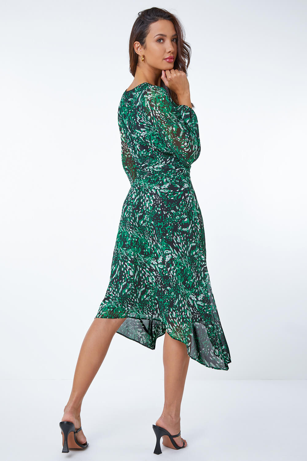 Green Floral Print Belted Midi Dress, Image 3 of 5