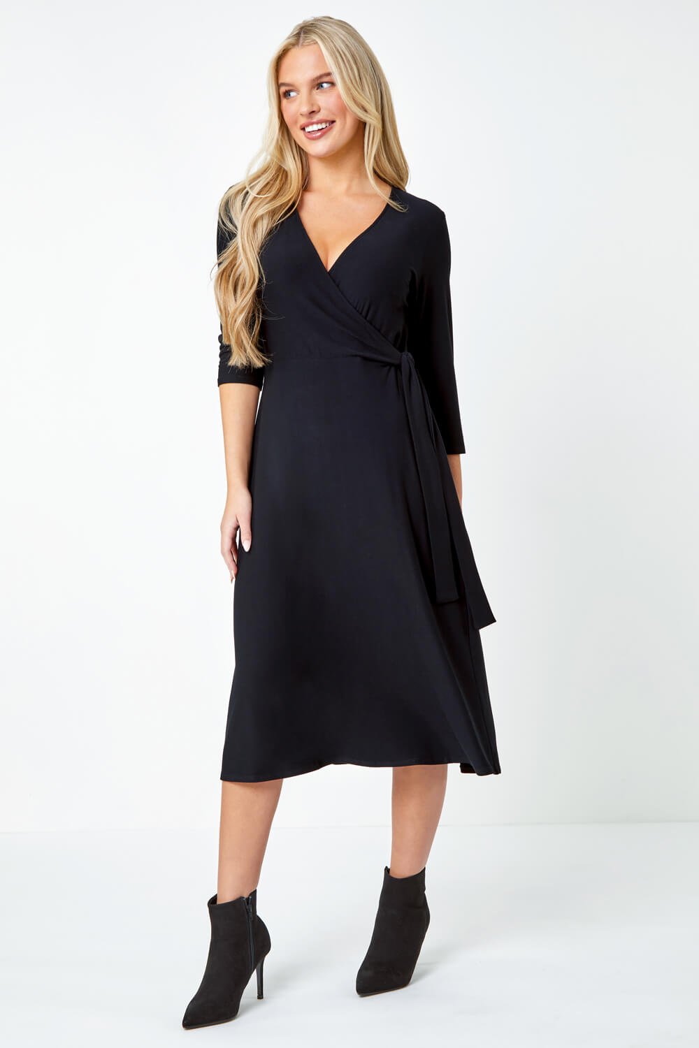 Black Petite Plain Stretch Wrap Midi Dress, Image 2 of 5