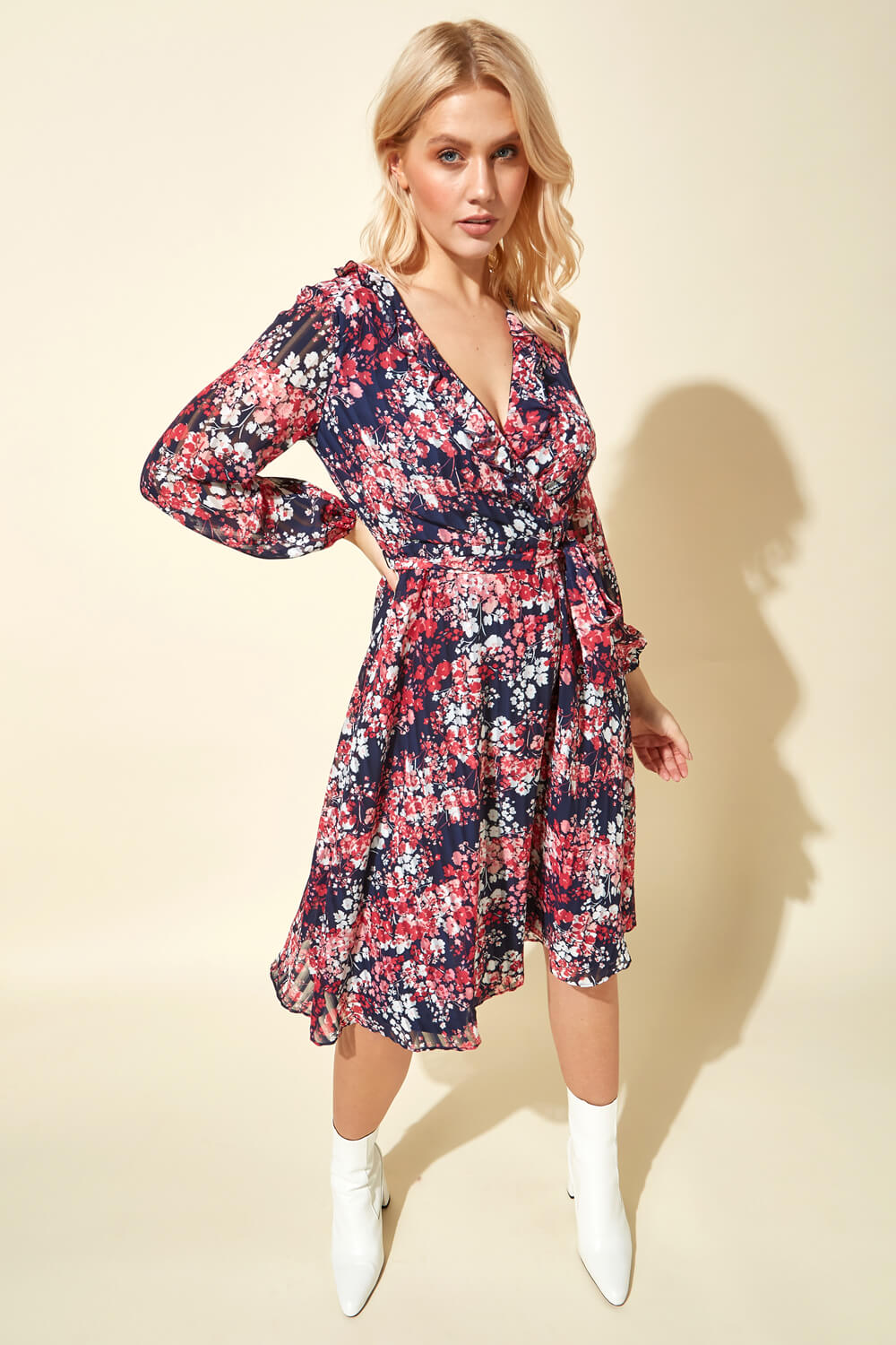 PINK Ditsy Floral Print Wrap Dress, Image 3 of 4