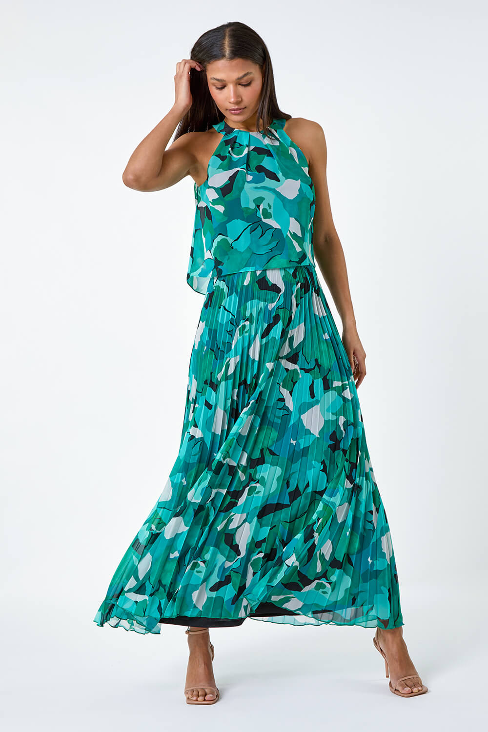 Teal Swirl Print Pleated Halterneck Maxi Dress, Image 2 of 5