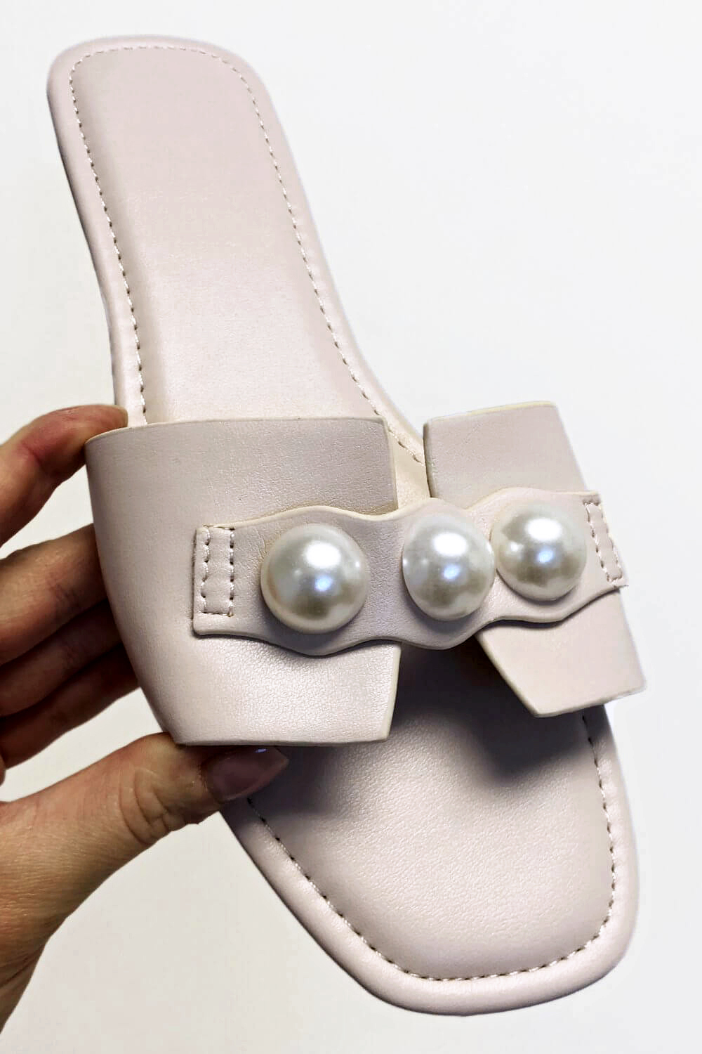 Beige Pearl Detail Sliders Sandals, Image 2 of 4
