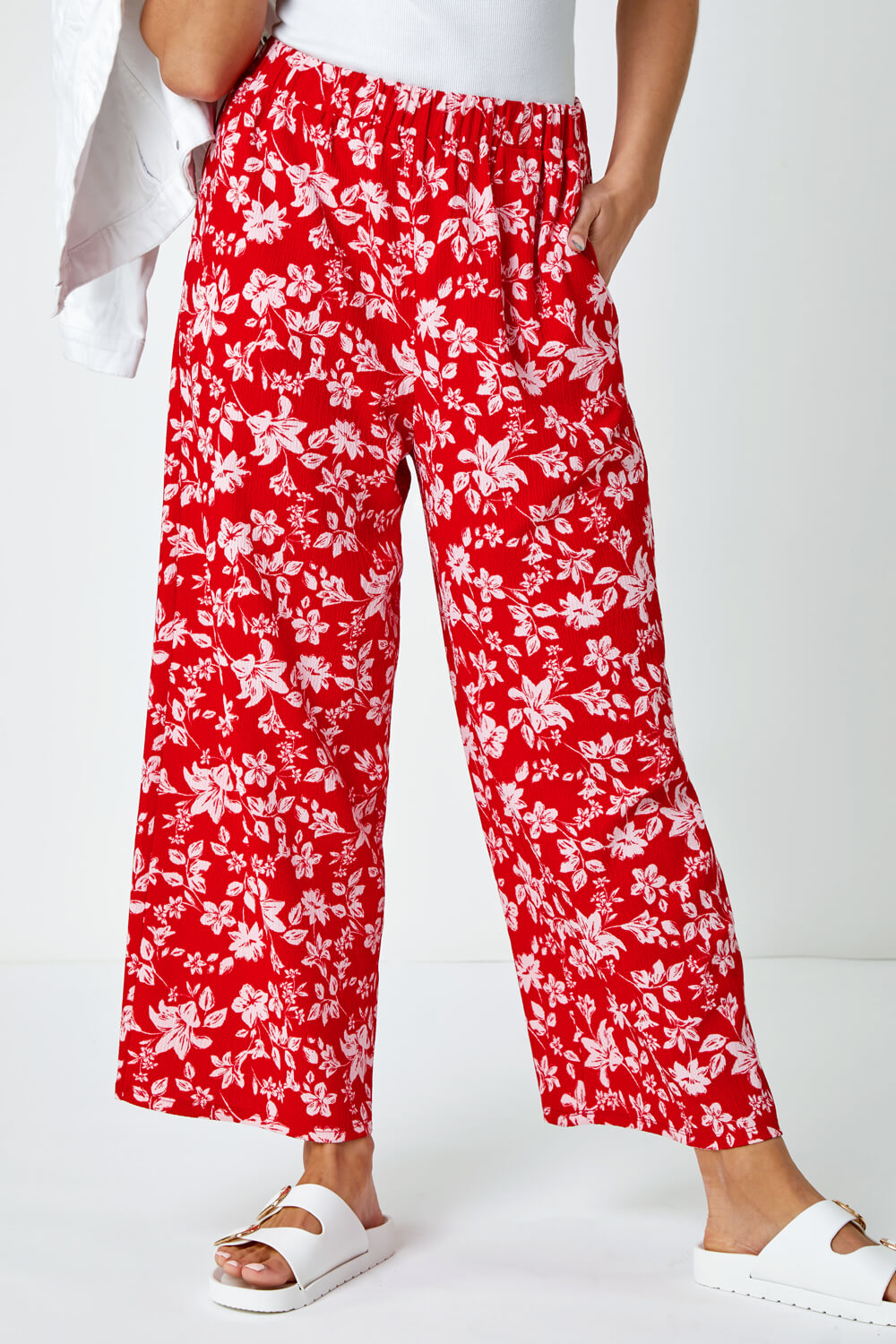 Red Floral Print Stretch Culottes, Image 4 of 5