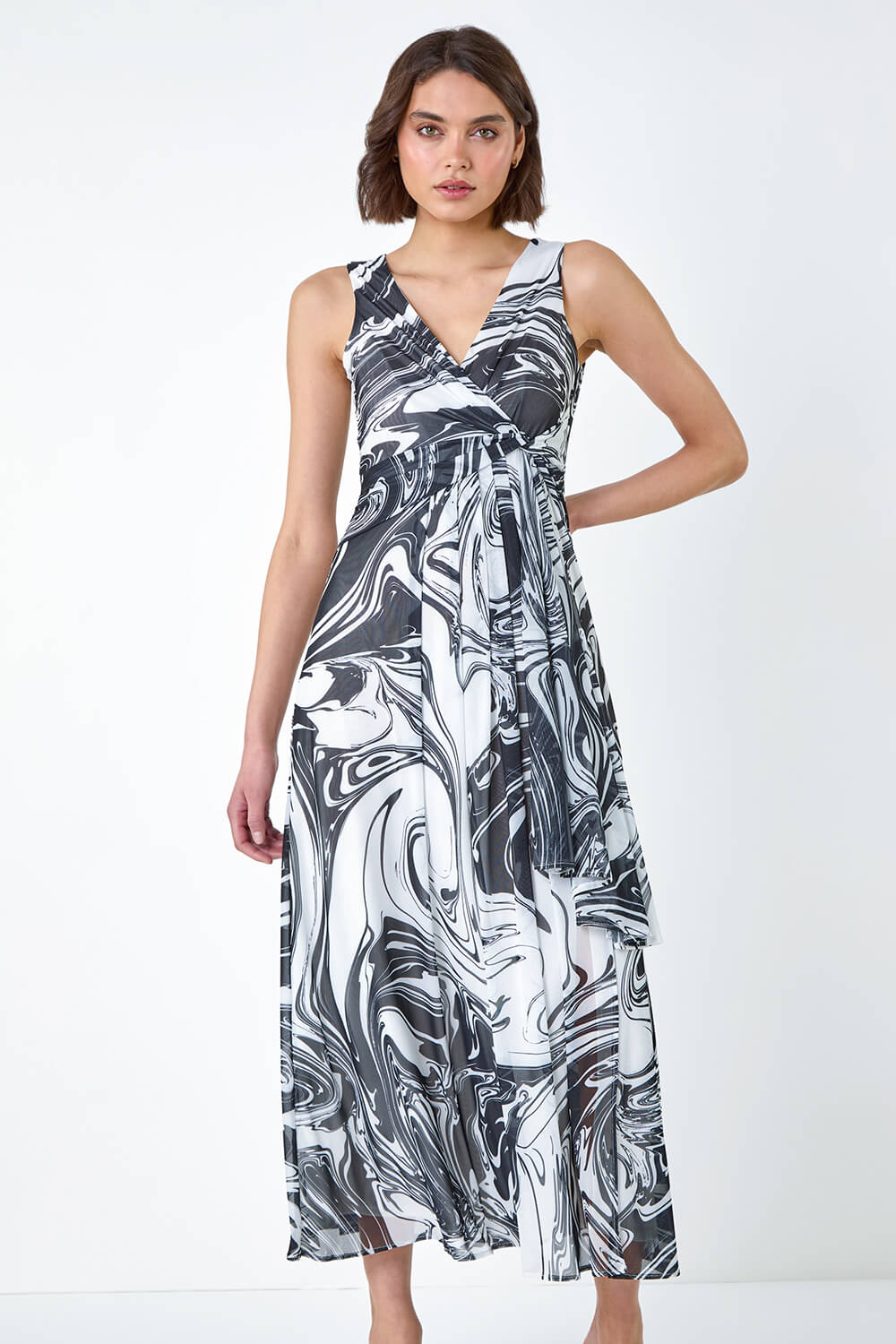 Black Marble Print Wrap Mesh Dress, Image 2 of 5