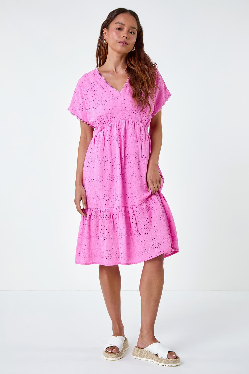 PINK Petite Cotton Broderie Tiered Dress, Image 2 of 5