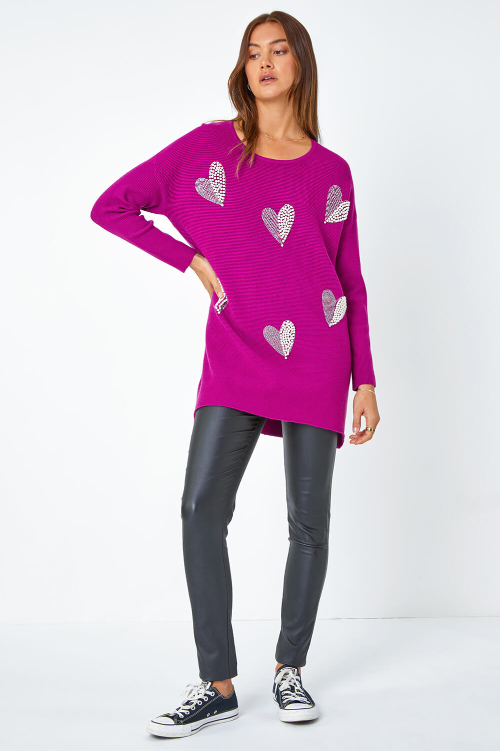 Magenta Sparkle Pearl Embellished Heart Jumper Roman UK