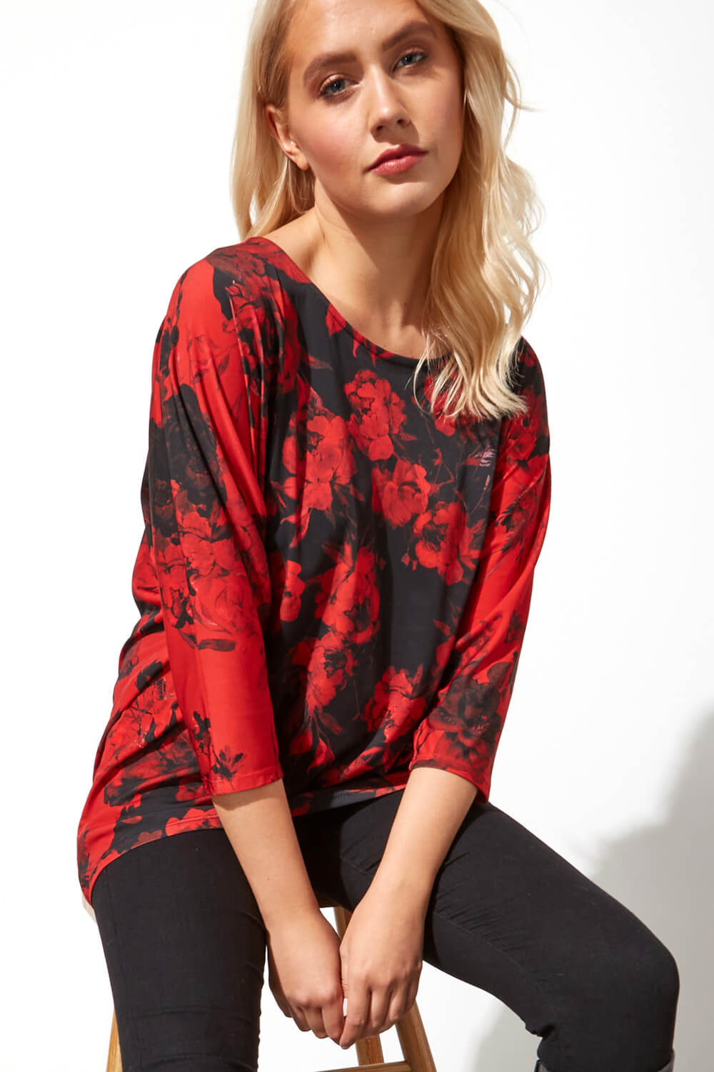 Red Contrast Floral Print Tunic Top, Image 4 of 4