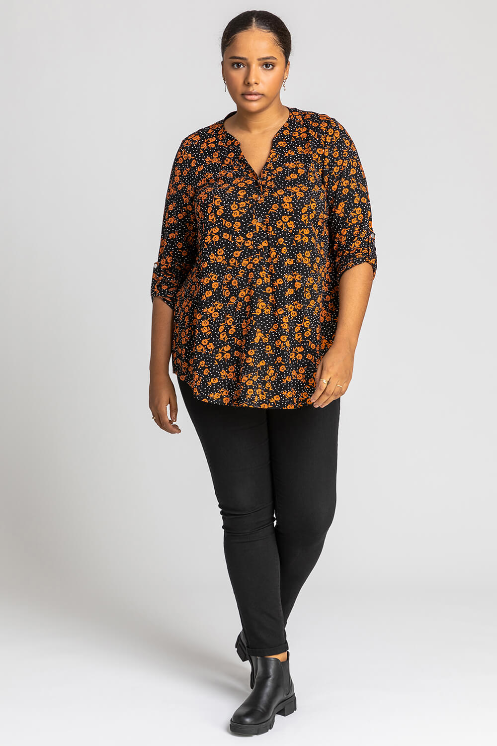 Rust Curve Ditsy Floral Print Top, Image 3 of 4
