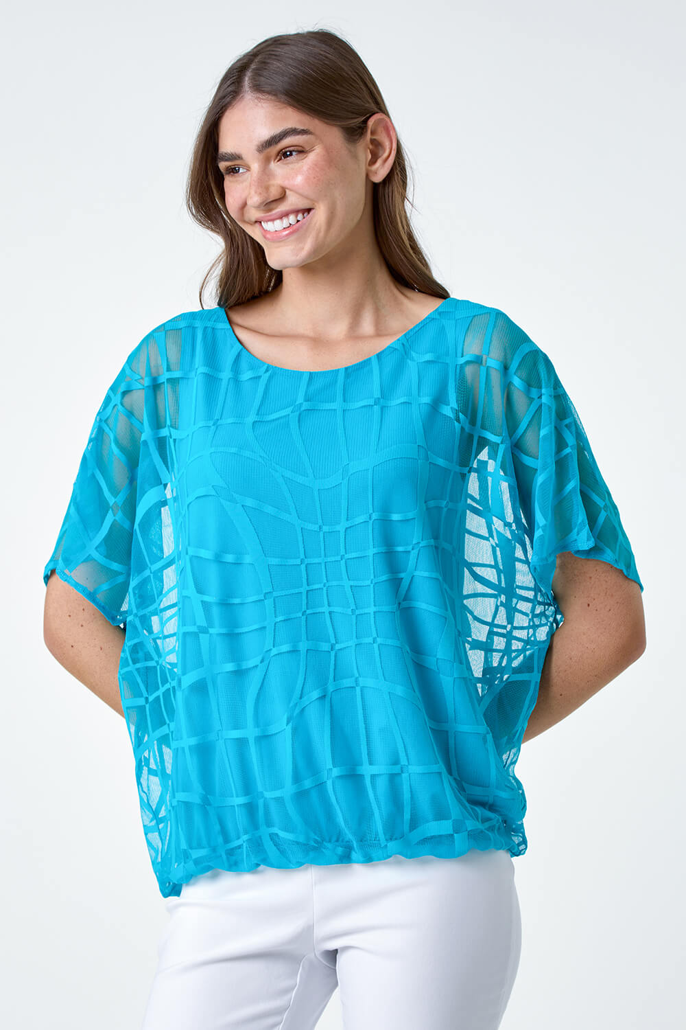 Turquoise Abstract Check Print Blouson Top, Image 2 of 5