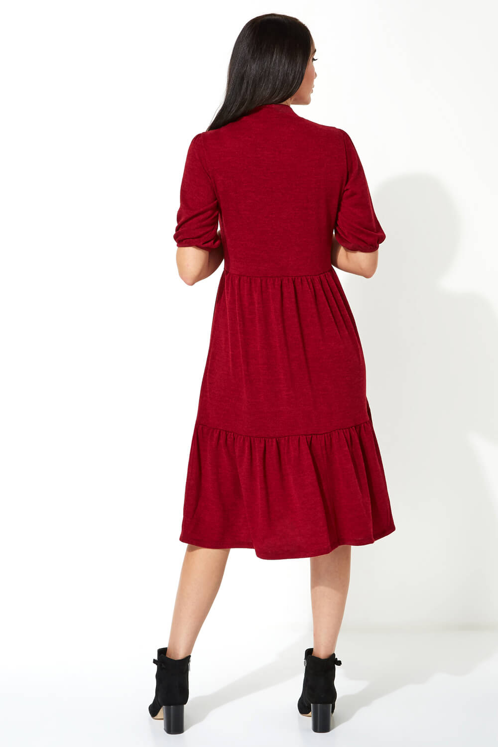 Wine Puff Sleeve Knitted Midi Dress, Image 2 of 4