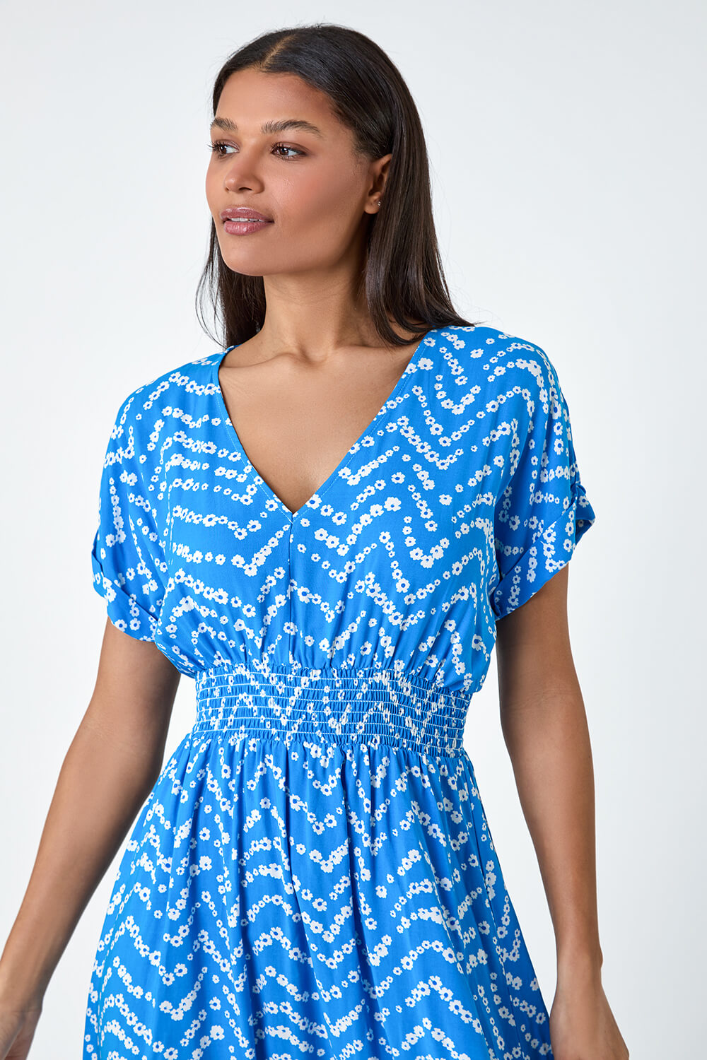 Blue Abstract Floral Zig Zag Print Midi Dress, Image 4 of 5