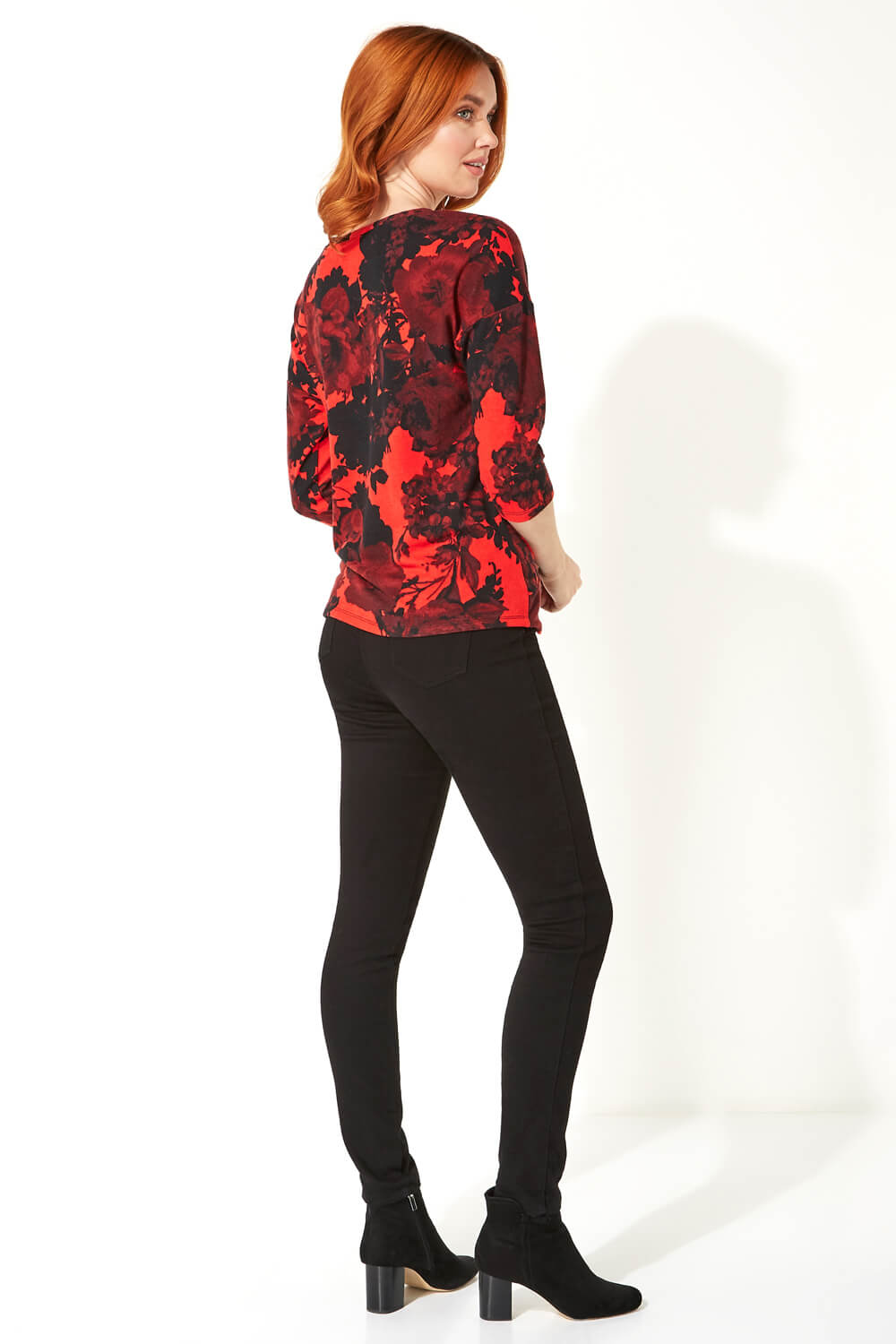 Red Floral Print 3/4 Sleeve Top, Image 3 of 5