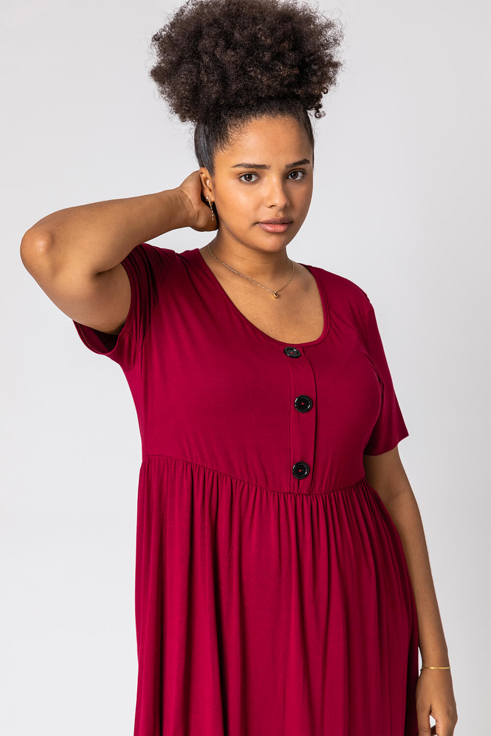Wine Red Curve Plain Buttoned Detail Top, Image 4 of 5