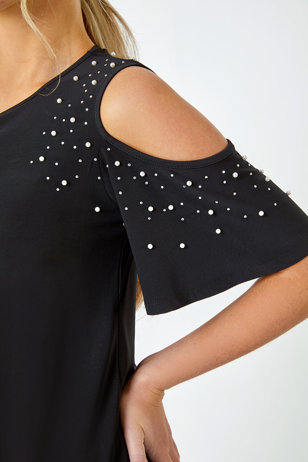 Black Petite Sparkle Cold Shoulder Dress, Image 5 of 5