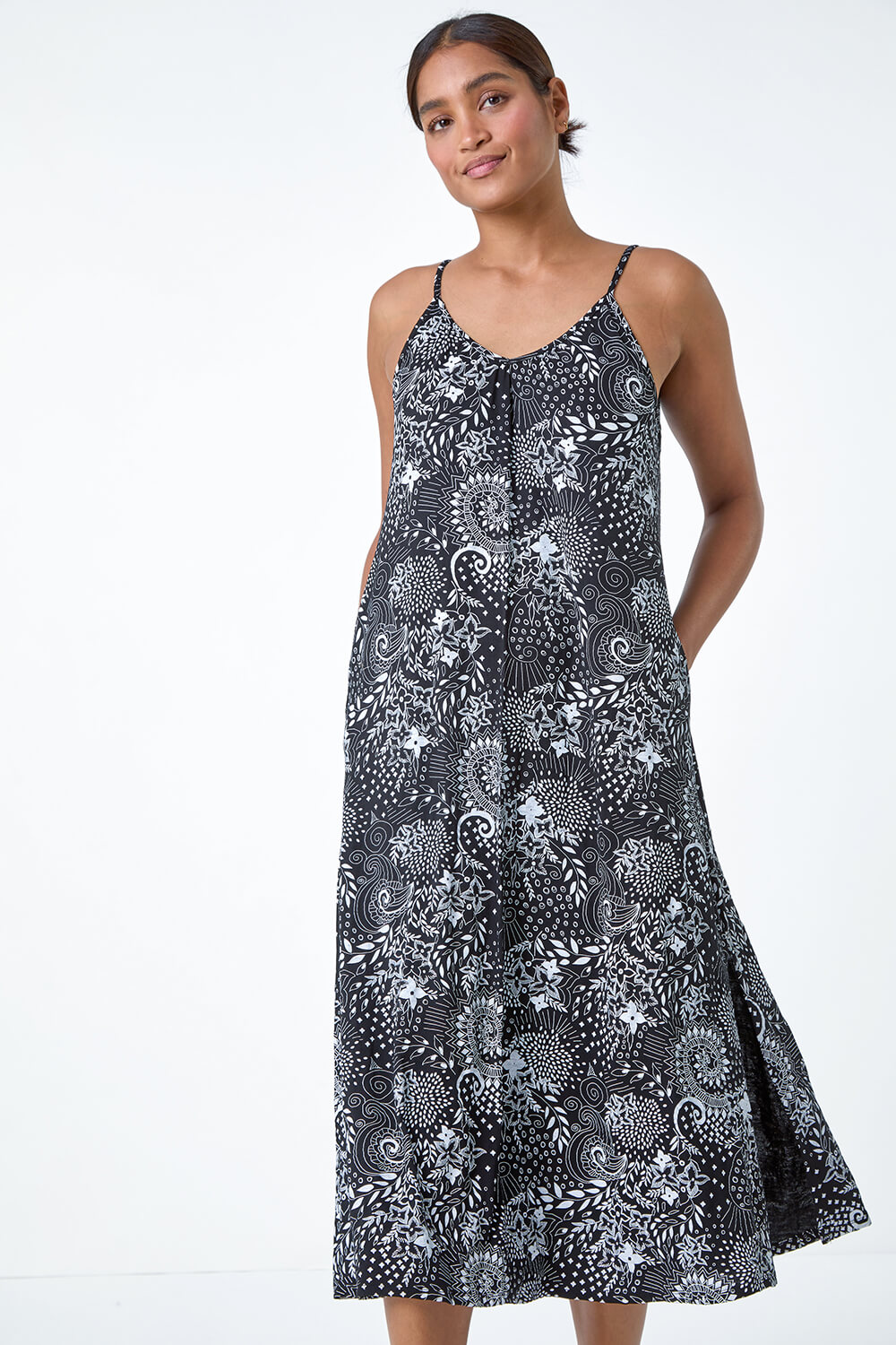 Black Abstract Strappy Swing Stretch Midi Dress, Image 4 of 5