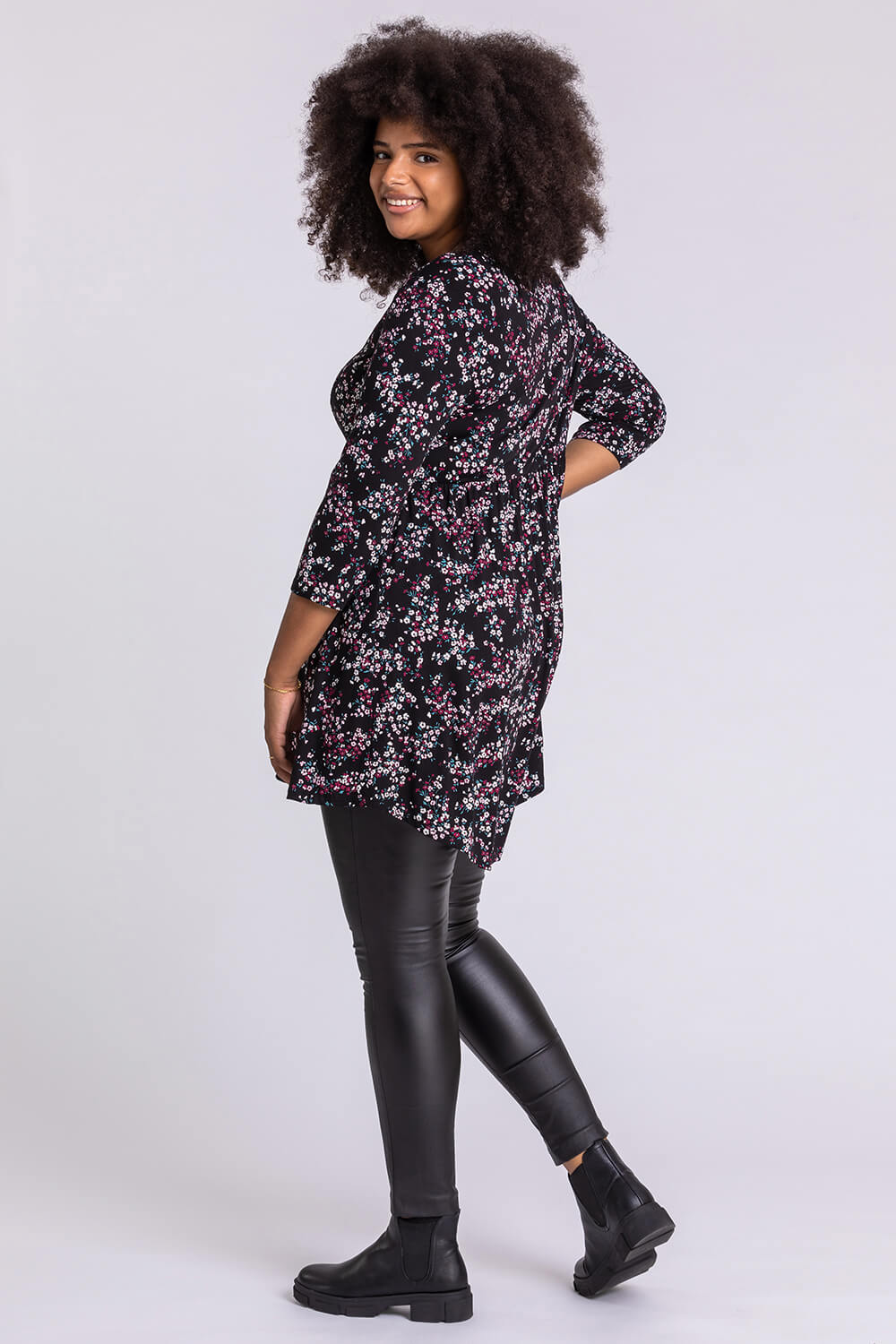 Plum Curve Floral Cross Detail Tunic Top, Image 2 of 4