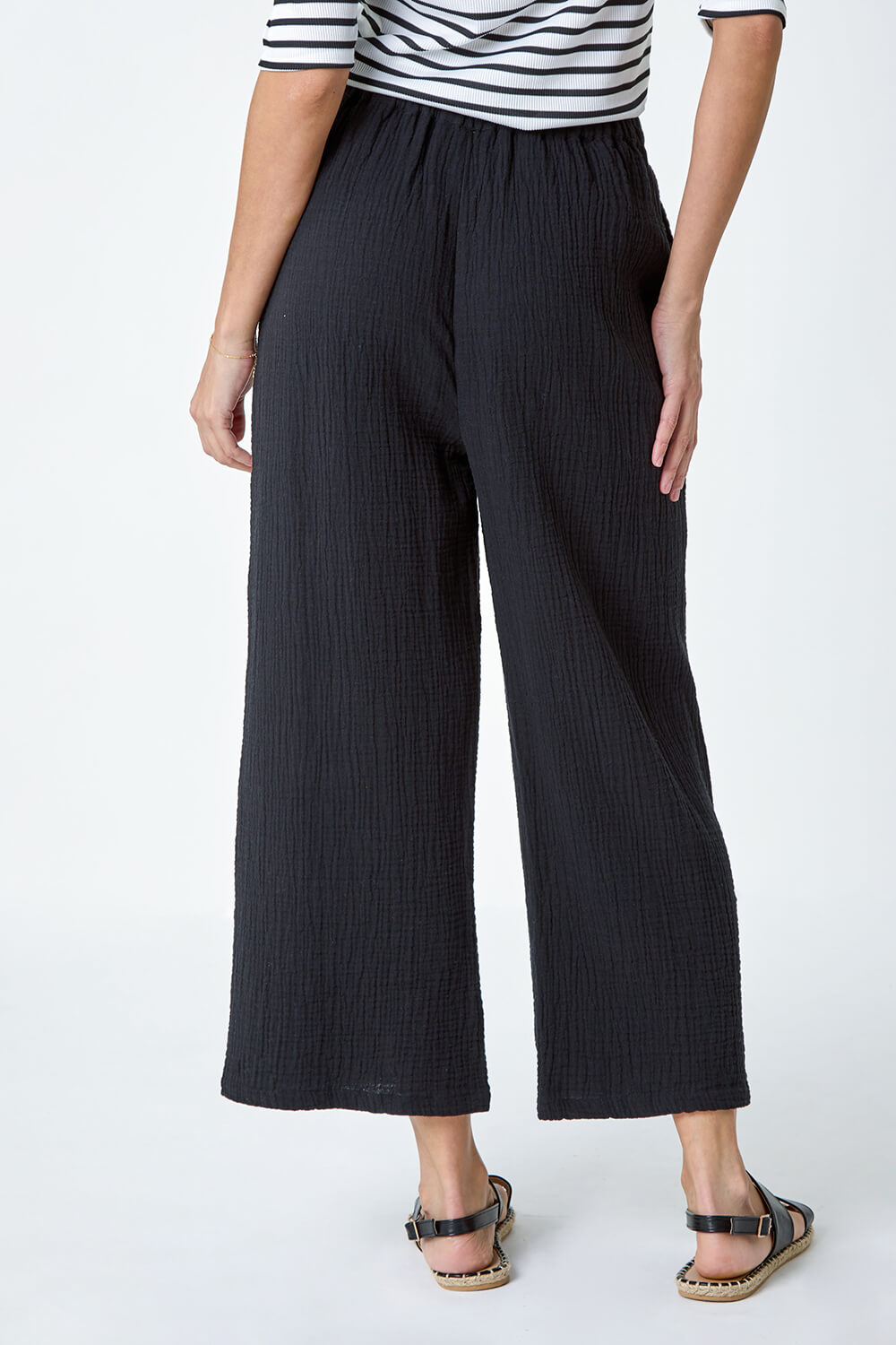 Black Textured Cotton Culotte Trousers, Image 3 of 5