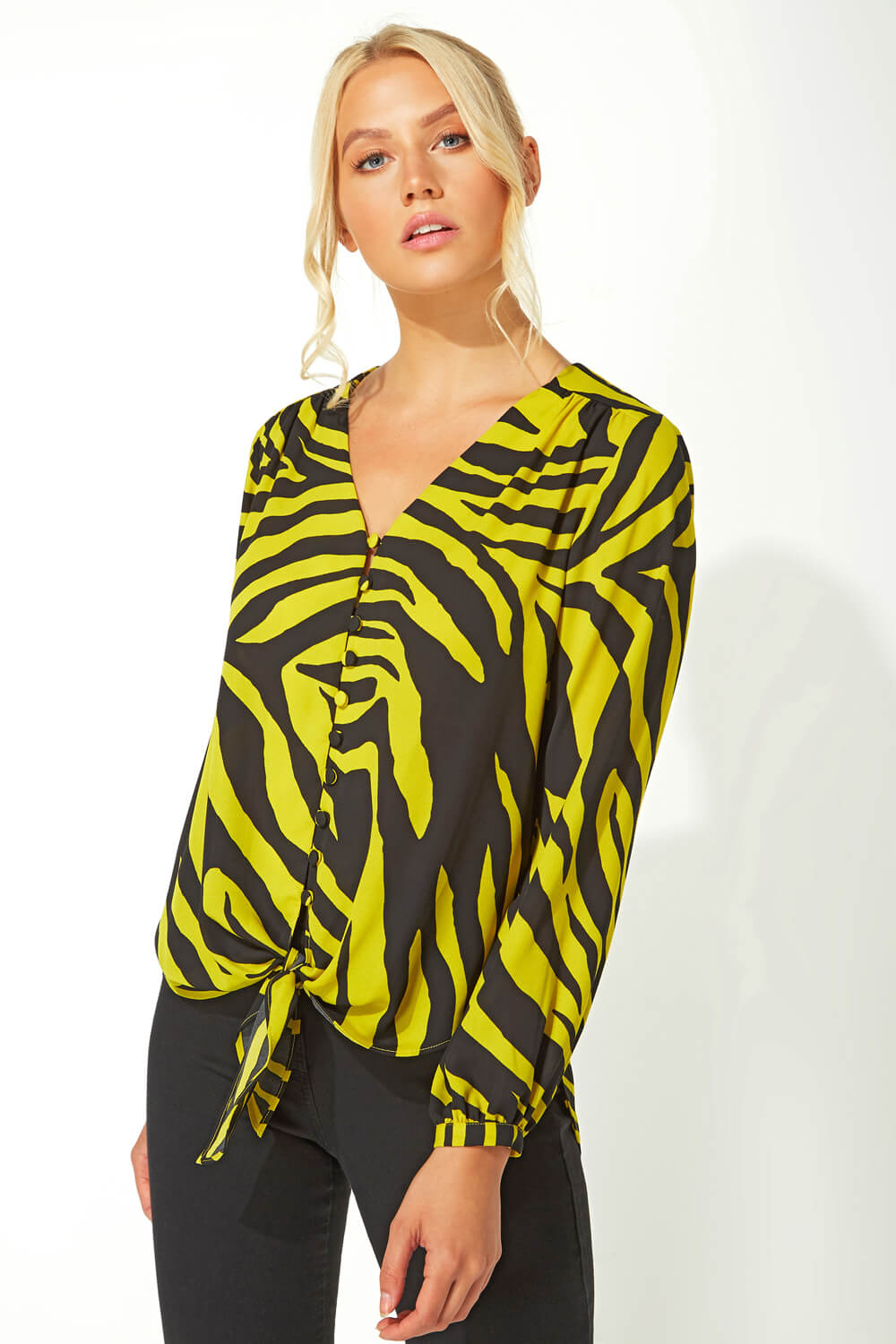 Lime Zebra Print Tie Front Blouse, Image 4 of 5