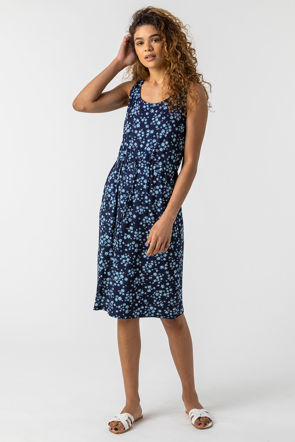 Navy  Ditsy Floral Print Jersey Dress, Image 3 of 5