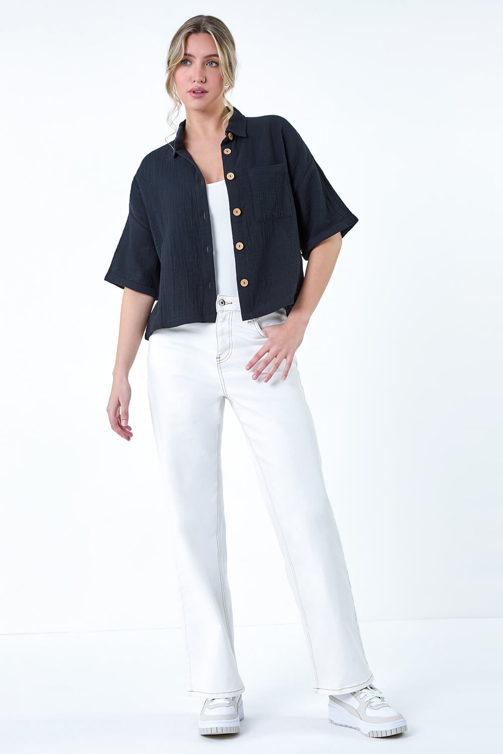 Black Cotton Relaxed Button Shirt, Image 2 of 5