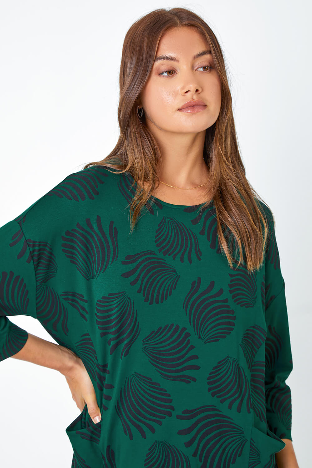 Green Abstract Print Pocket Tunic Stretch Top, Image 4 of 5